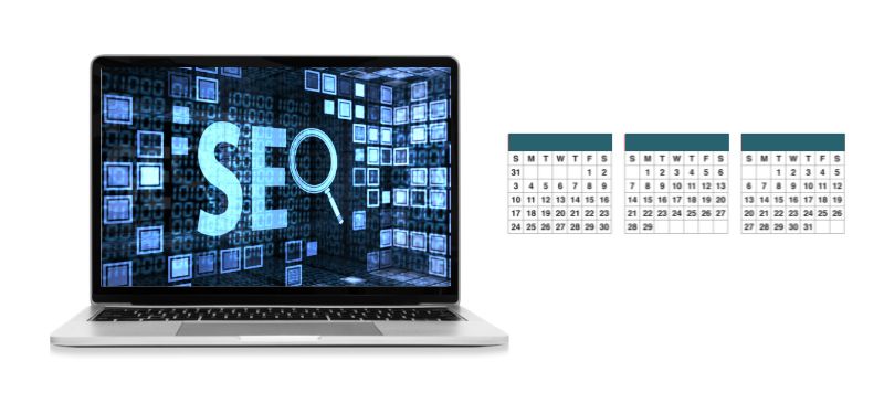 A computer screen with the word, "SEO" and three calendar pages
